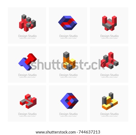 abstract isometric set logotype dimensional 3 d stock vector