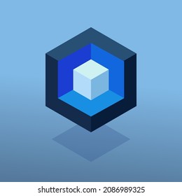 Abstract isometric small cube in niche of large one. Logotype template. Can be used for branding as logo design element. Vector geometric illustration 