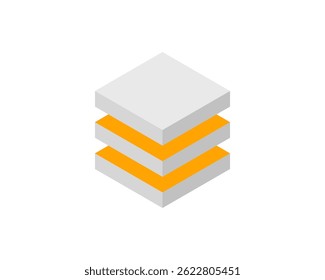 Pilha isométrica abstrata de cubos cinza e laranja.  Design minimalista moderno, perfeito para conceitos de tecnologia, negócios ou crescimento. Representa camadas, andamento ou dados.