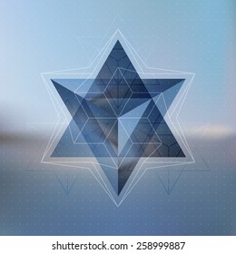 Abstract isometric star with the reflection of the environment and low poly triangles on blurred background. Vector structure.