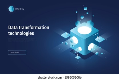 Abstract isometric vector illustration on the subject of technologies, data, processes, platforms, services. Landing page template. 