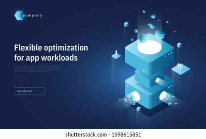 Abstract isometric vector illustration on the subject of technologies, data, processes, platforms, services. Landing page template. 