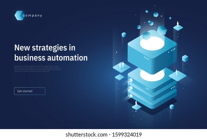 Abstract isometric vector illustration on the subject of technologies, data, processes, platforms, services. Landing page template. 