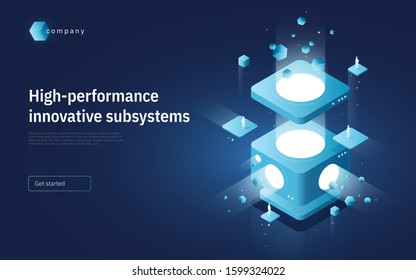 Abstract isometric vector illustration on the subject of technologies, data, processes, platforms, services. Landing page template. 