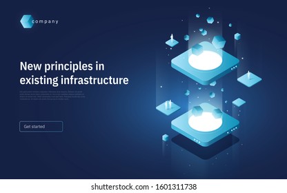 Abstract isometric vector illustration on the subject of technologies, data, processes, platforms, services. Landing page template. 