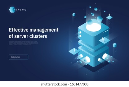 Abstract isometric vector illustration on the subject of technologies, data, processes, platforms, services. Landing page template. 