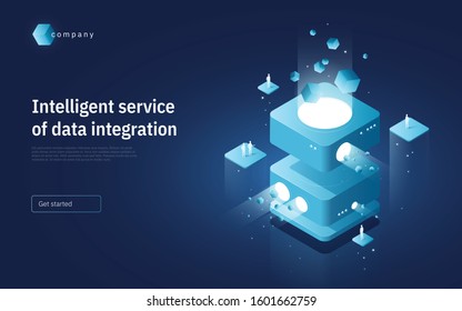 Abstract isometric vector illustration on the subject of technologies, data, processes, platforms, services. Landing page template. 