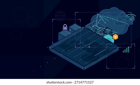 Eine abstrakte isometrische Visualisierung zeigt ein digitales Netzwerk mit verbundenen Knoten, Cloud Computing und Datenanalyseelementen. Sicherheitssymbole und Netzwerkgrafiken schlagen Themen der Cybersicherheit und des Informationsmanagements vor.