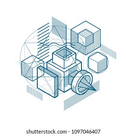Abstract isometrics background, 3d vector layout. Composition of cubes, hexagons, squares, rectangles and different abstract elements.