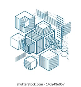 Abstract isometrics background, 3d vector layout. Composition of cubes, hexagons, squares, rectangles and different abstract elements.