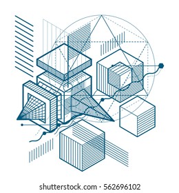 Abstract isometrics background, 3d vector layout. Composition of cubes, hexagons, squares, rectangles and different abstract elements.