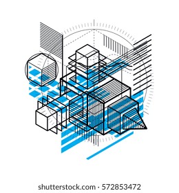 Abstract isometrics background, 3d vector layout. Composition of cubes, hexagons, squares, rectangles and different abstract elements.
