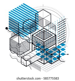 Abstract isometrics background, 3d vector layout. Composition of cubes, hexagons, squares, rectangles and different abstract elements.