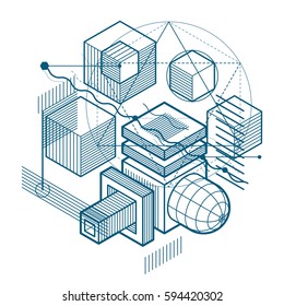 Abstract isometrics background, 3d vector layout. Composition of cubes, hexagons, squares, rectangles and different abstract elements.