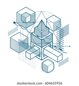 Abstract isometrics background, 3d vector layout. Composition of cubes, hexagons, squares, rectangles and different abstract elements.