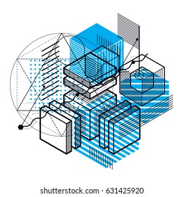 Abstract isometrics background, 3d vector layout. Composition of cubes, hexagons, squares, rectangles and different abstract elements.