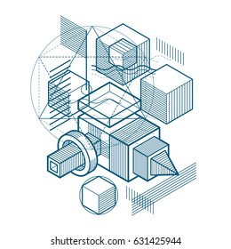 Abstract isometrics background, 3d vector layout. Composition of cubes, hexagons, squares, rectangles and different abstract elements.