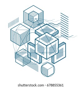 Abstract isometrics background, 3d vector layout. Composition of cubes, hexagons, squares, rectangles and different abstract elements.