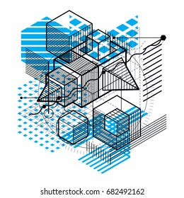 Abstract isometrics background, 3d vector layout. Composition of cubes, hexagons, squares, rectangles and different abstract elements.