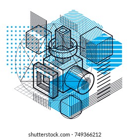 Abstract isometrics background, 3d vector layout. Composition of cubes, hexagons, squares, rectangles and different abstract elements.