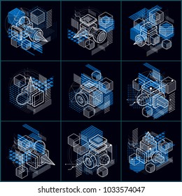 Abstract isometrics backgrounds, 3d vector layout. Compositions of cubes, hexagons, squares, rectangles and different abstract elements. Vector collection.