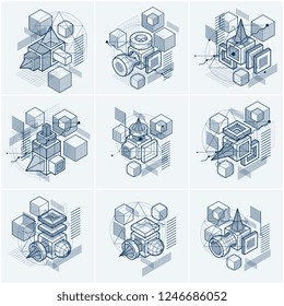 Abstract isometrics backgrounds, 3d vector layout. Compositions of cubes, hexagons, squares, rectangles and different abstract elements. Vector collection.