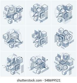Abstract isometrics backgrounds, 3d vector layout. Compositions of cubes, hexagons, squares, rectangles and different abstract elements. Vector collection.
