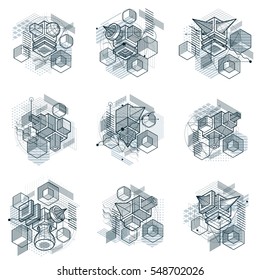 Abstract isometrics backgrounds, 3d vector layout. Compositions of cubes, hexagons, squares, rectangles and different abstract elements. Vector collection.
