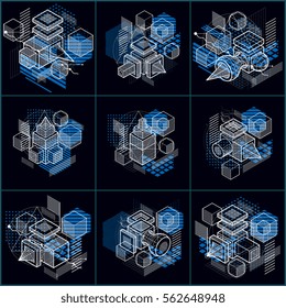 Abstract isometrics backgrounds, 3d vector layout. Compositions of cubes, hexagons, squares, rectangles and different abstract elements. Vector collection.