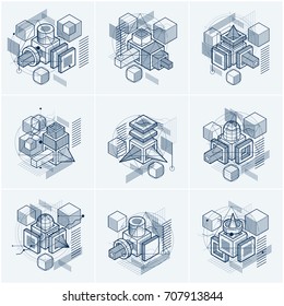 Abstract isometrics backgrounds, 3d vector layout. Compositions of cubes, hexagons, squares, rectangles and different abstract elements. Vector collection.