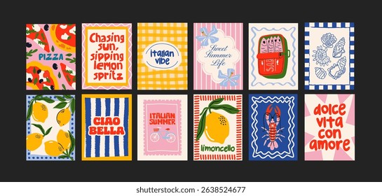 Abstract Italian posters in 90s style. Bright compositions: pizza, lemons, cocktails, seafood in cartoon trendy retro style. Decor for kitchens, cafes and restaurants. Minimalist banners for wall