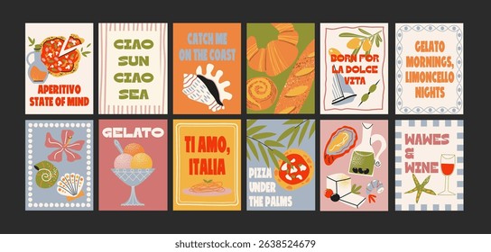 Abstract Italian posters in 90s style. Bright compositions: pizza, lemons, cocktails, seafood in cartoon trendy retro style. Decor for kitchens, cafes and restaurants. Minimalist banners for wall