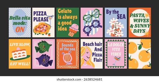 Abstract Italian posters in 90s style. Bright compositions: pizza, lemons, cocktails, seafood in cartoon trendy retro style. Decor for kitchens, cafes and restaurants. Minimalist banners for wall