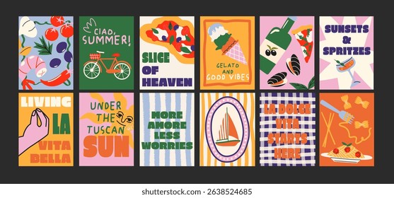 Abstract Italian posters in 90s style. Bright compositions: pizza, lemons, cocktails, seafood in cartoon trendy retro style. Decor for kitchens, cafes and restaurants. Minimalist banners for wall