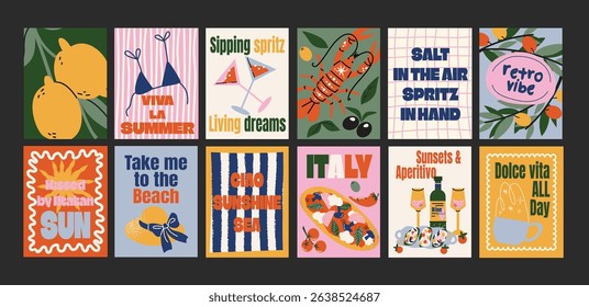 Abstract Italian posters in 90s style. Bright compositions: pizza, lemons, cocktails, seafood in cartoon trendy retro style. Decor for kitchens, cafes and restaurants. Minimalist banners for wall