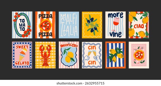 Abstract Italian posters for the kitchen. Bright compositions: pizza, lemons, cocktails, seafood in cartoon trendy retro style. Decor for kitchens, cafes and restaurants. Minimalist banners for wall d