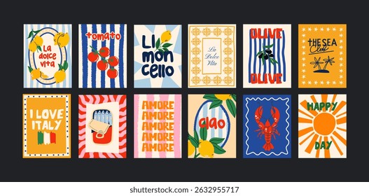 Abstract Italian posters for the kitchen. Bright compositions: pizza, lemons, cocktails, seafood in cartoon trendy retro style. Decor for kitchens, cafes and restaurants. Minimalist banners for wall d
