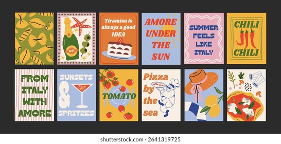 Abstract Italian summer posters in 90s style. Bright compositions: pizza, lemons, cocktails, seafood in cartoon trendy retro style. Decor for kitchens, cafes and restaurants. Minimalist wall banners