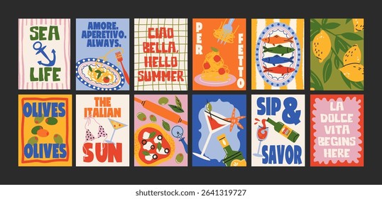 Abstract Italian summer posters in 90s style. Bright compositions: pizza, lemons, cocktails, seafood in cartoon trendy retro style. Decor for kitchens, cafes and restaurants. Minimalist wall banners