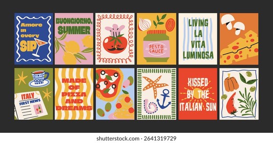 Abstract Italian summer posters in 90s style. Bright compositions: pizza, lemons, cocktails, seafood in cartoon trendy retro style. Decor for kitchens, cafes and restaurants. Minimalist wall banners