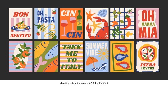 Abstract Italian summer posters in 90s style. Bright compositions: pizza, lemons, cocktails, seafood in cartoon trendy retro style. Decor for kitchens, cafes and restaurants. Minimalist wall banners
