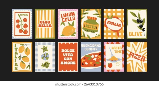 Abstract Italian summer posters in 90s style. Bright compositions: pizza, lemons, cocktails, seafood in cartoon trendy retro style. Decor for kitchens, cafes and restaurants. Minimalist wall banners