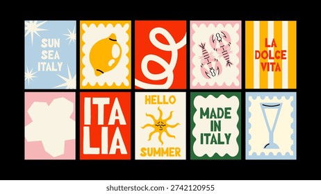 Abstract Italian summer posters with iconic Italy phrases, bikinis, sun, cocktails, pasta, seafood, fruits and vegetables in modern Mediterranean cartoon style