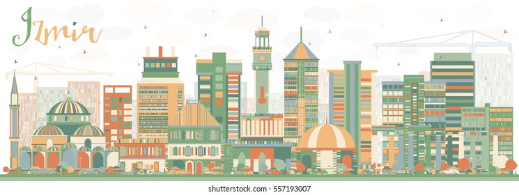 Abstract Izmir Skyline with Color Buildings. Vector Illustration. Business Travel and Tourism Concept with Historic Architecture. Image for Presentation Banner Placard and Web Site.