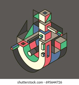 Resumen de diseño de letras J hechas de varios objetos isométricos en color. Ilustración vectorial.
