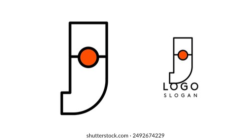 Abstract J letter logo with blue dots. Minimalist linear design, bold and clean letter monogram for corporate branding, tech startups, innovative businesses, and game apps. Vector illustration.
