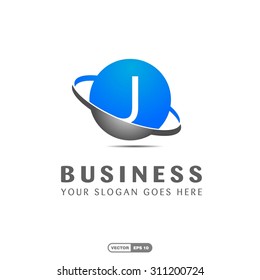 Abstract J letter vector logo icon template. Blue company logo, abstract logo, design element, creative idea. globe logo, planet logo, circle logo, swoosh logo, world logo, silver metal logo,