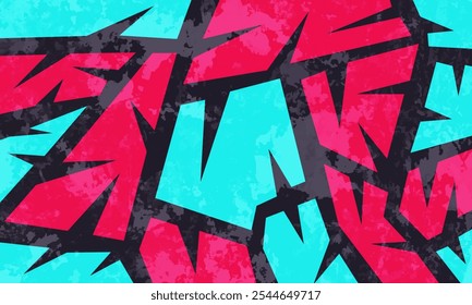 Abstract jagged pattern with bold red and black shapes on a vibrant cyan background, creating a sharp, dynamic, and grunge.