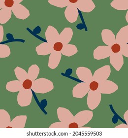 Abstract jagged pink flowers on muddy green. Modern minimalistic modern floral print for textiles, wallpaper, wrapping paper.