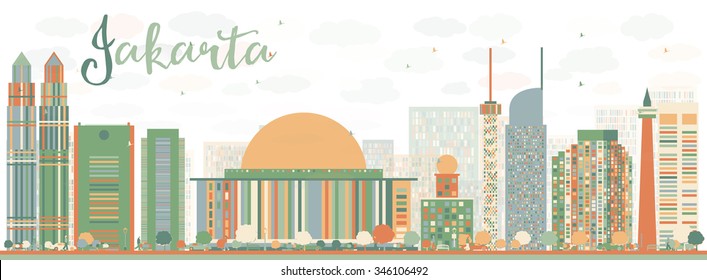 Abstract Jakarta skyline with color landmarks. Vector illustration. Business travel and tourism concept with historic buildings. Image for presentation, banner, placard and web site.